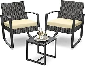 Outdoor Rattan Rocking Bistro Set With Coffee Table