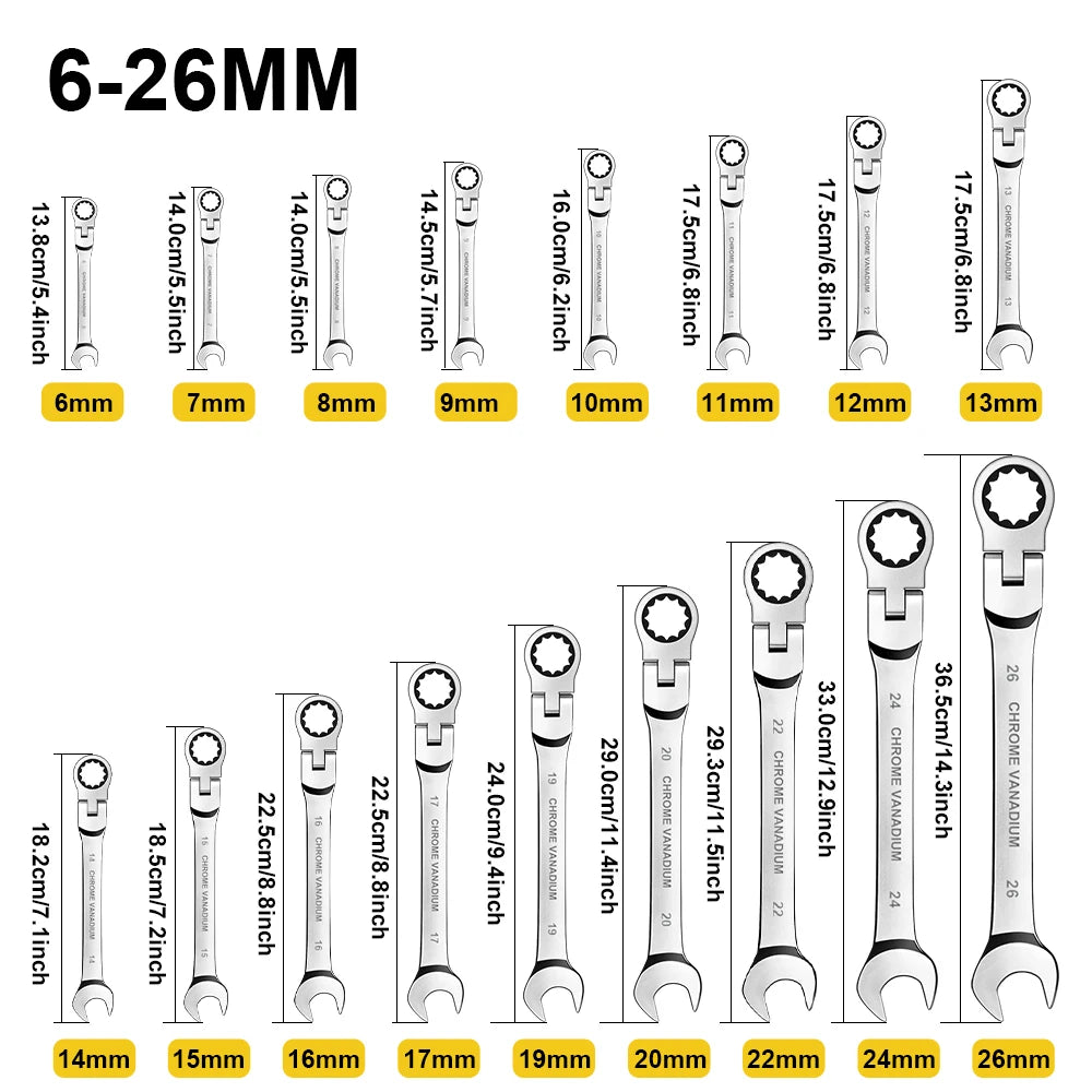 WOZOBUY Flex-Head Ratchet Wrench Set 12/14/16/17pcs Cr-V