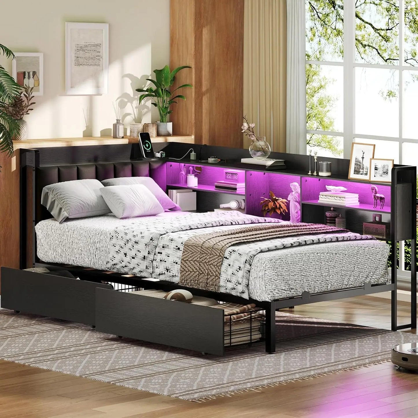 Corner Bed Frame With Bookcase Storage And Charging Station