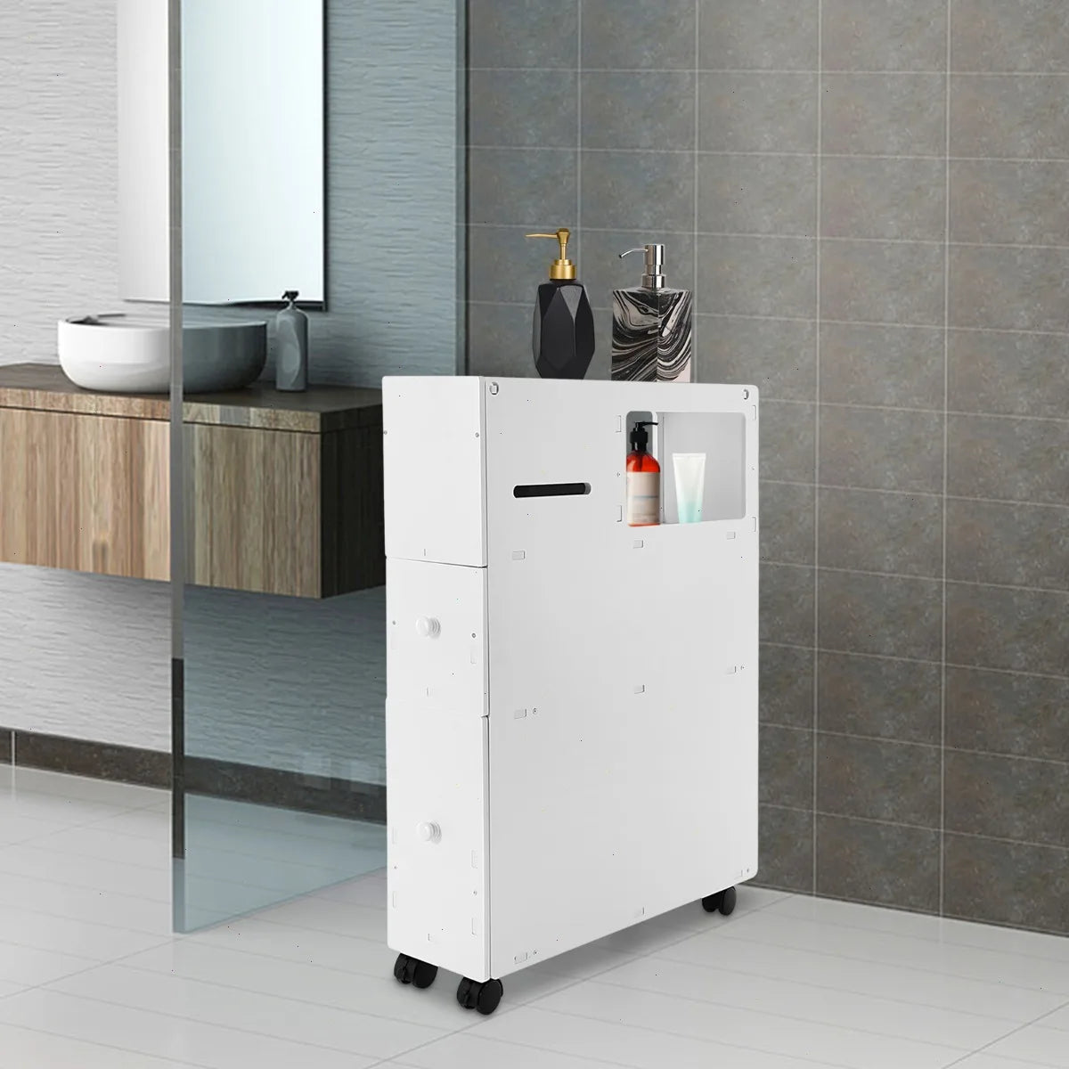 Bymaocar Narrow PVC Bathroom Storage Cabinet With Brakes