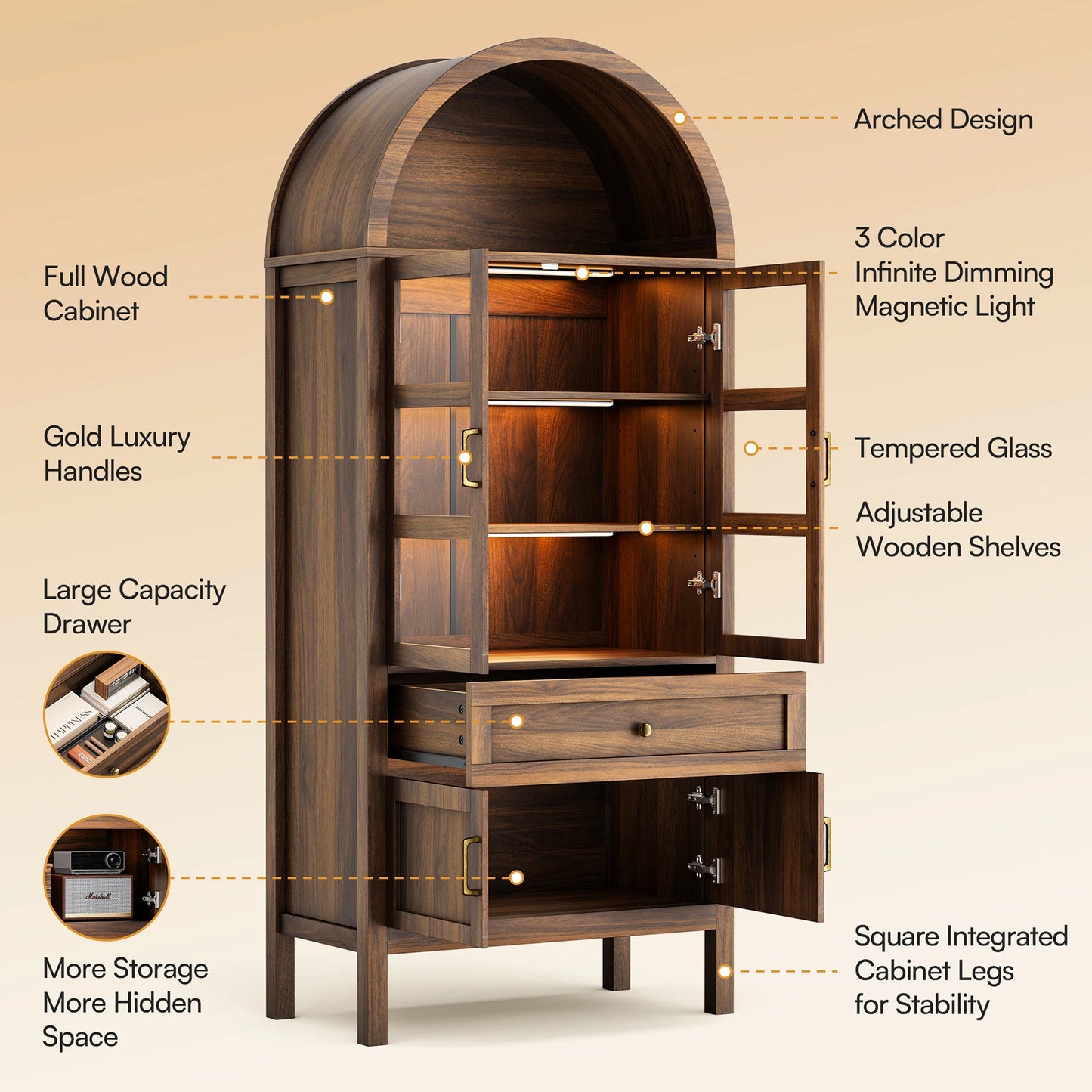 Cottinch Arched Wood Storage Cabinet With Adjustable Shelves Dimmable LED