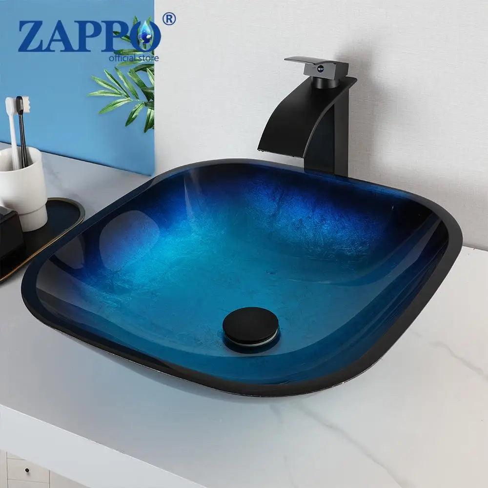 Mekkhala Oval Blue Tempered Glass Vessel Sink With Waterfall Faucet
