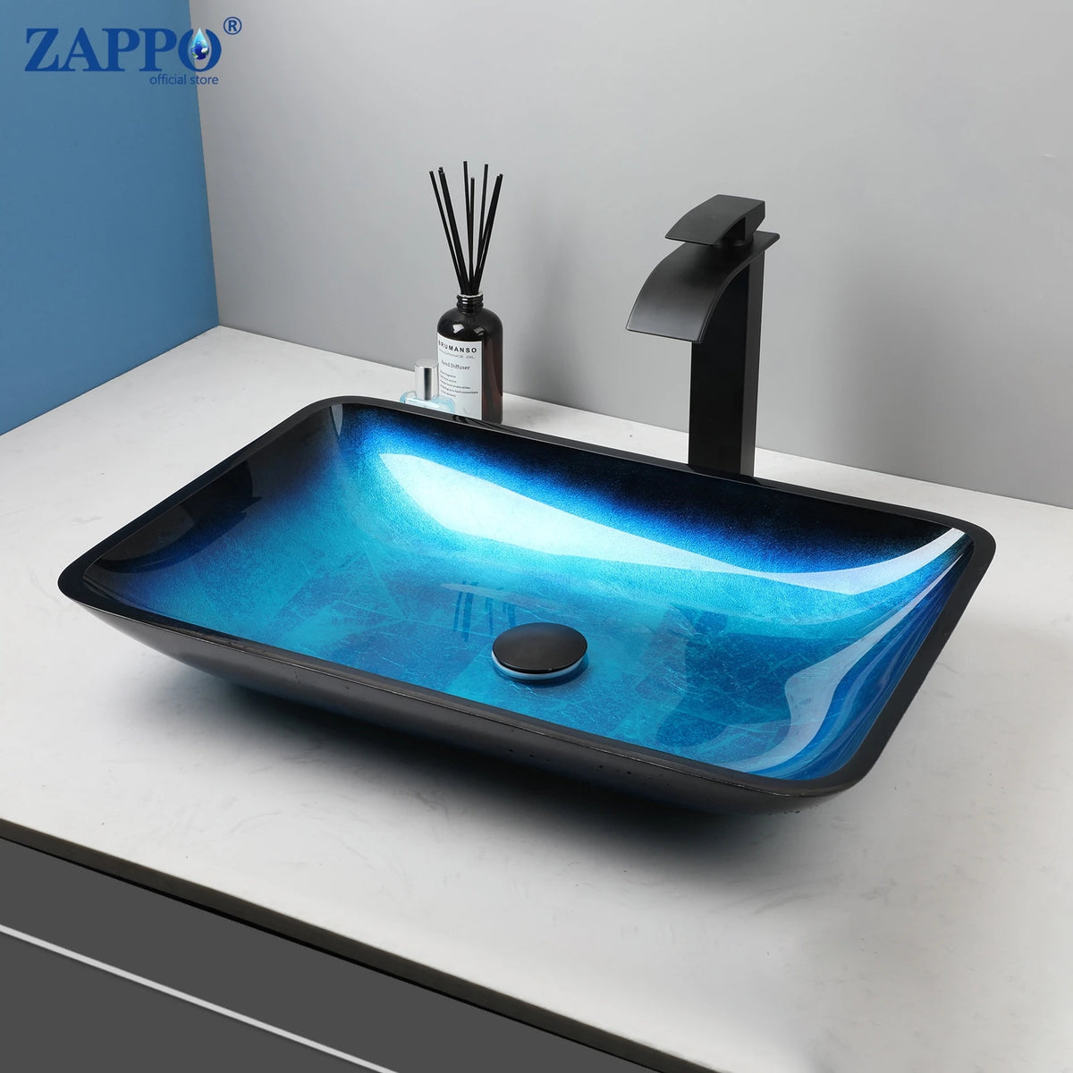 Mekkhala Oval Blue Tempered Glass Vessel Sink With Waterfall Faucet
