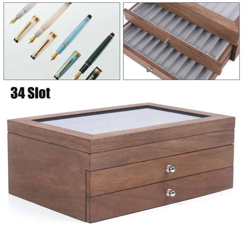 Walnut Wood 34 Slot Pen Storage Case With Drawer Display