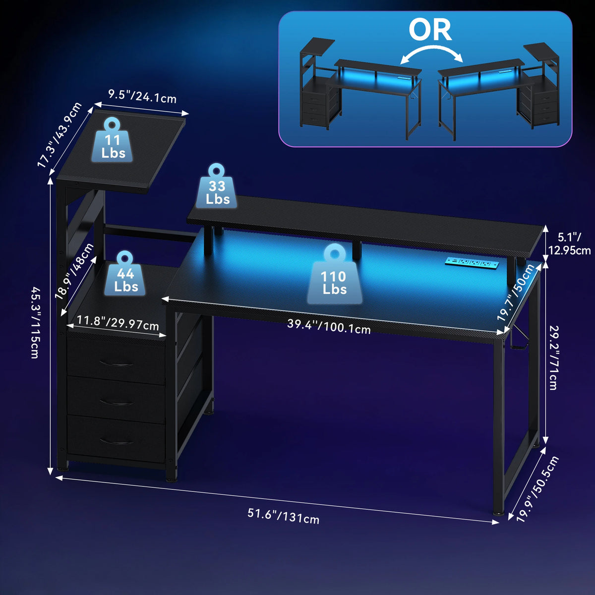 JHK Gaming Desk 3 Storage Drawers Led Lights Power Outlet