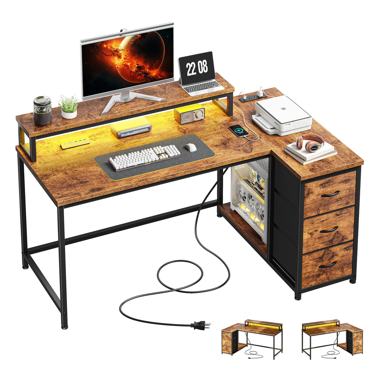 EnHomee L Shaped Desk With Monitor Stand And Power Strip