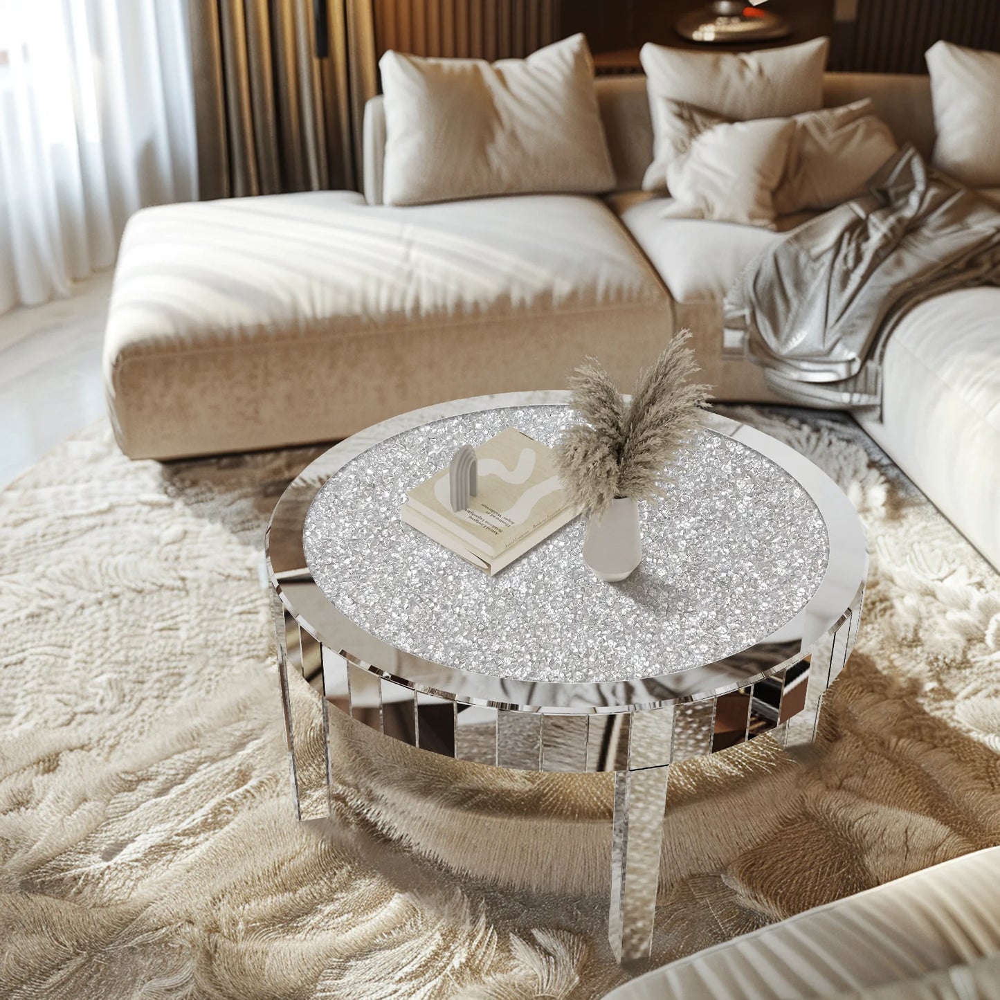 Modern Round Mirrored Coffee Table With Crystal Inlay