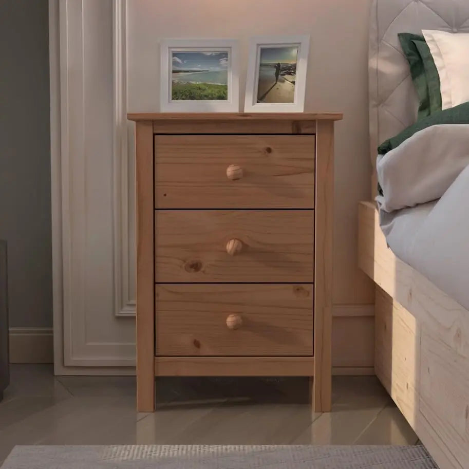 Tall Solid Pine Wood Nightstand With Three Drawers And Modern Design