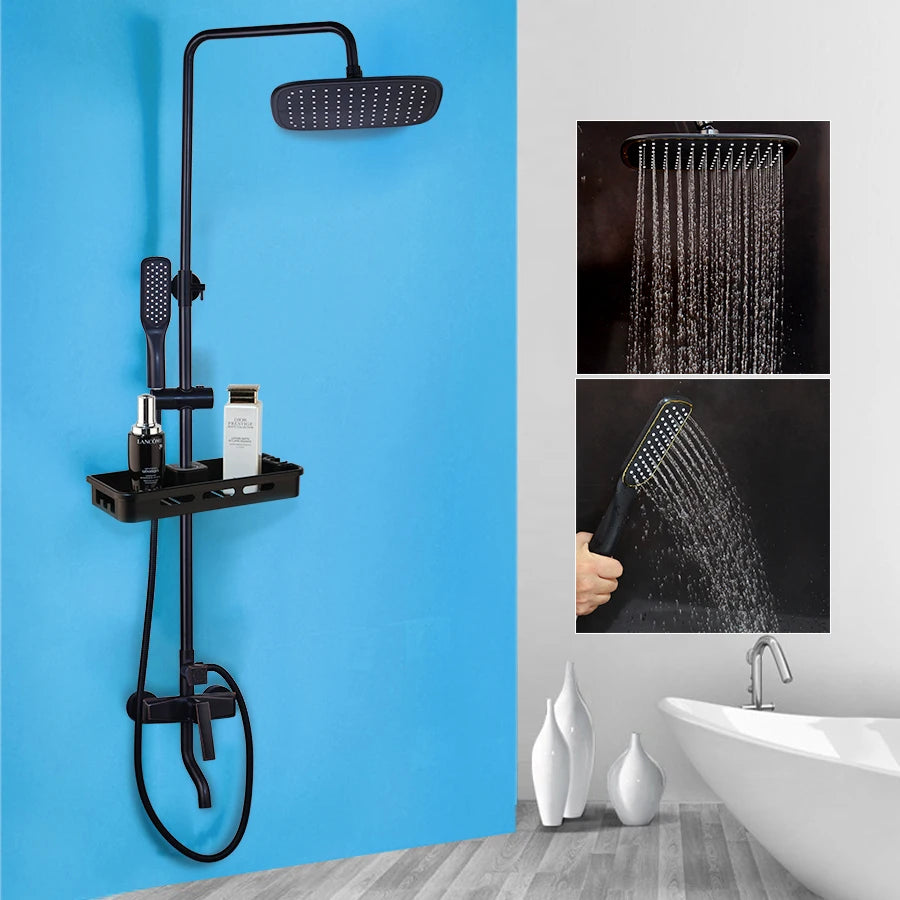SINLAKU Bathroom Rainfall Shower Mixer Set With Storage Shelf