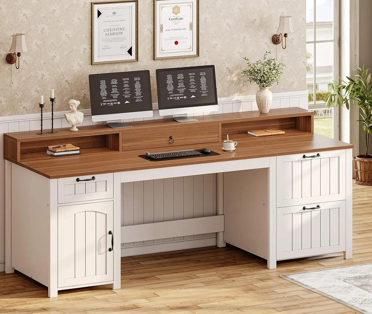 Farmhouse Office Desk With File Drawers And Monitor Stand