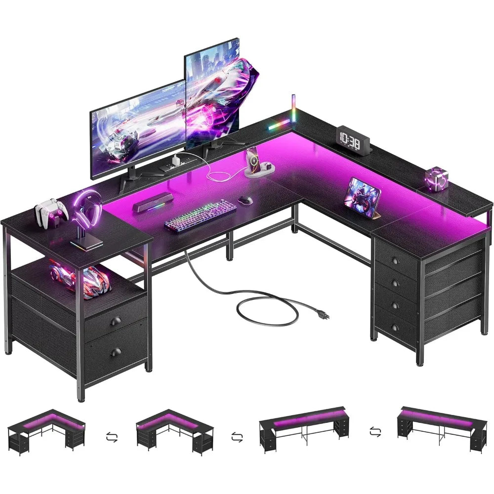 L Shaped Gaming Desk With Led Lights And Power Outlets