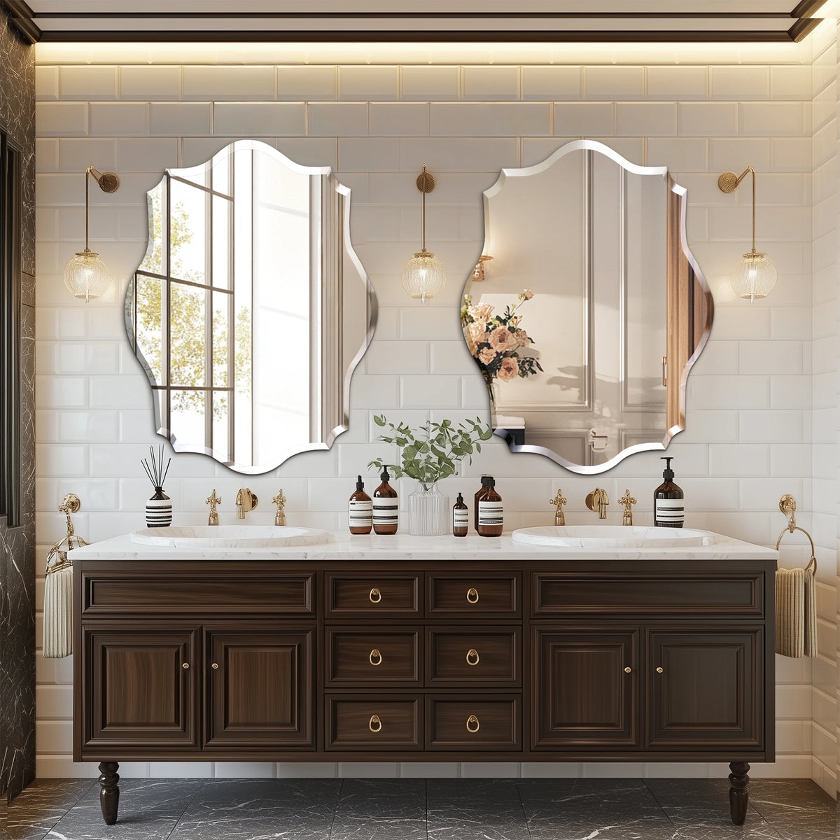 Wisfor Scalloped Frameless Beveled Edge Wall Mirror for Bathroom Vanity