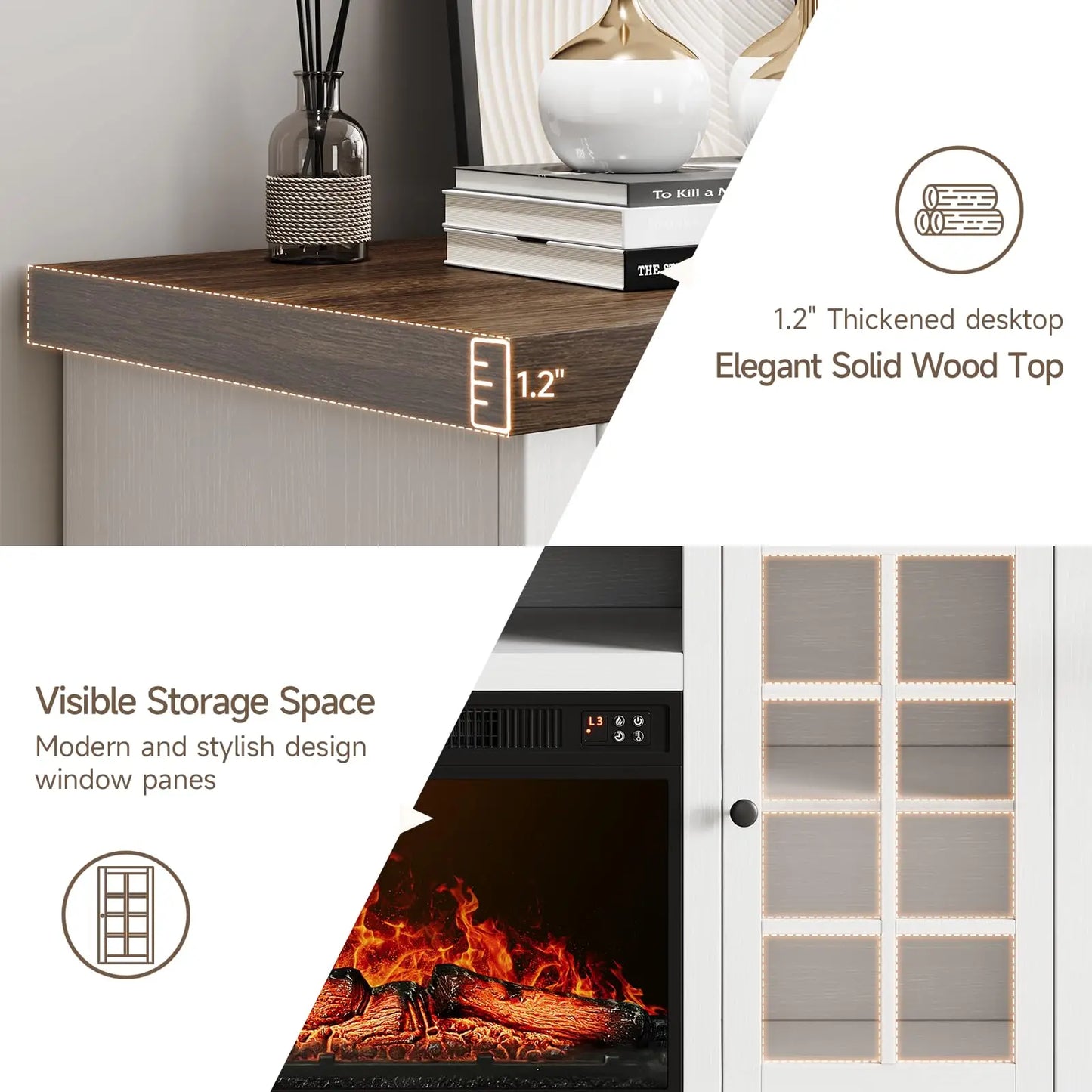 ONBRILL Farmhouse TV Stand With Electric Fireplace And Glass Doors