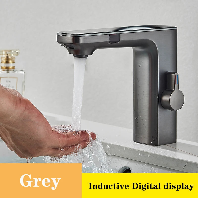 White Touchless Sensor Basin Faucet Smart Digital Display Bathroom Sink Faucet Grey Sense Hot Cold Water Mixer Tap Battery Power