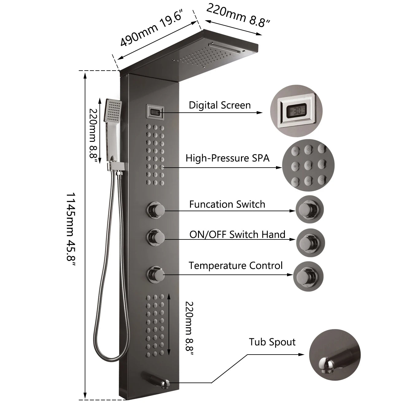 SINLAKU Stainless Steel Digital Shower Panel System With Body Jets