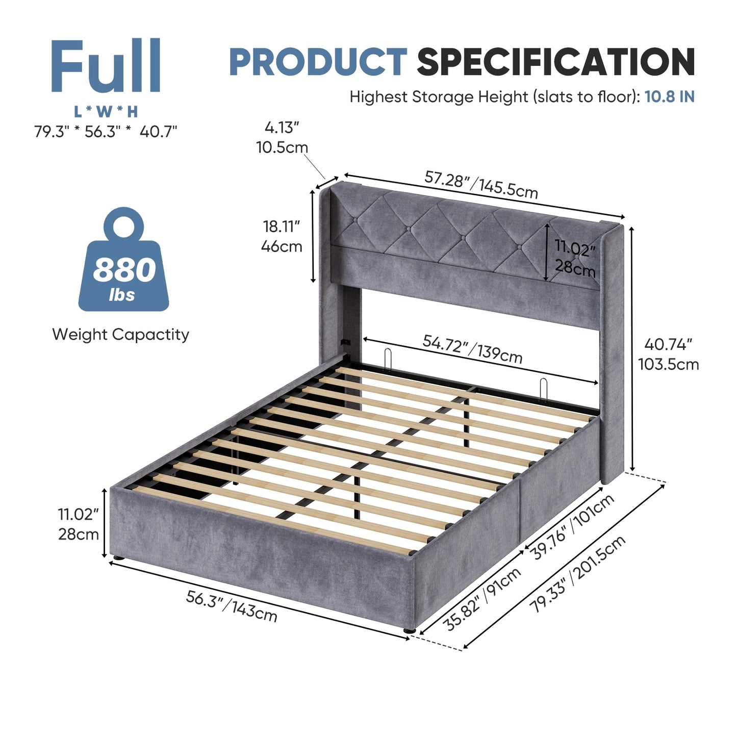 JHK Lift Up Storage Bed With Upholstered Wingback Headboard