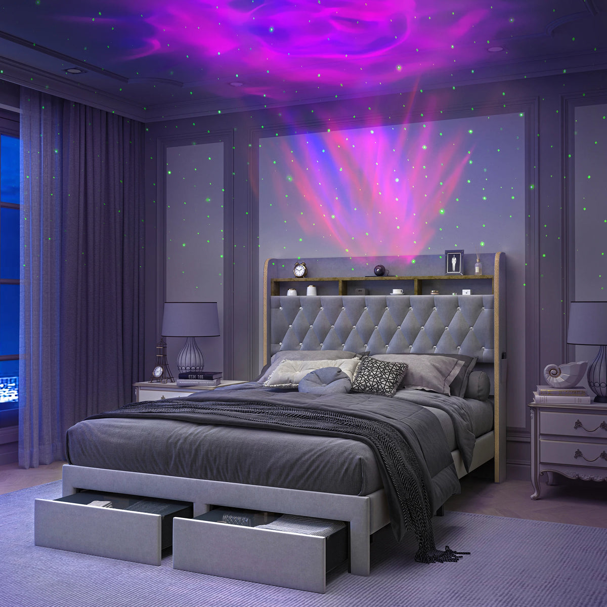 SIBEDS Upholstered Platform Bed Frame With LED Lights And Storage