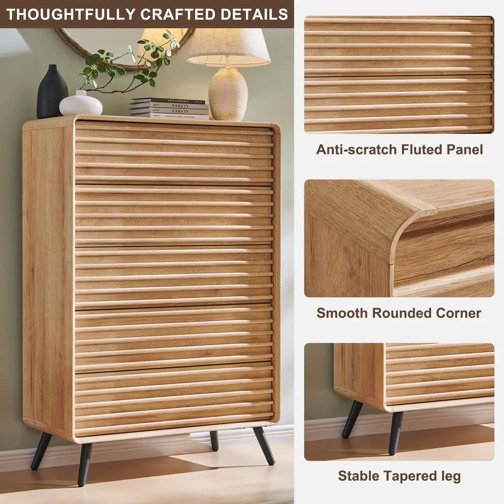Mid Century Modern Fluted Wood Five Drawer Dresser