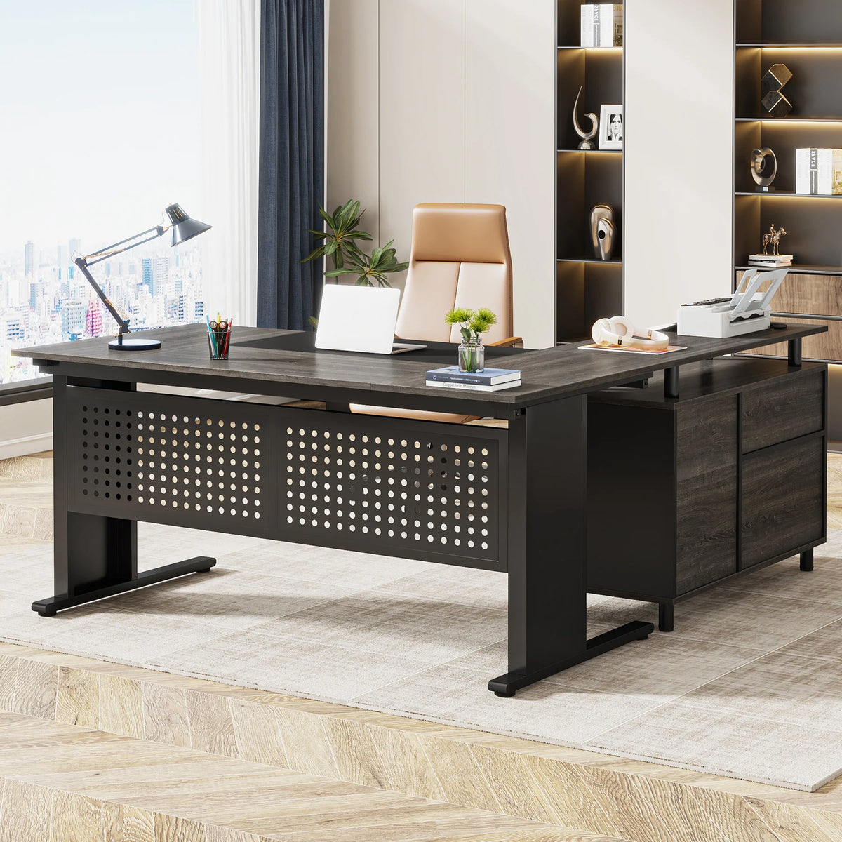 Tribesigns L-Shaped Office Desk with File Cabinet Drawers and Shelves