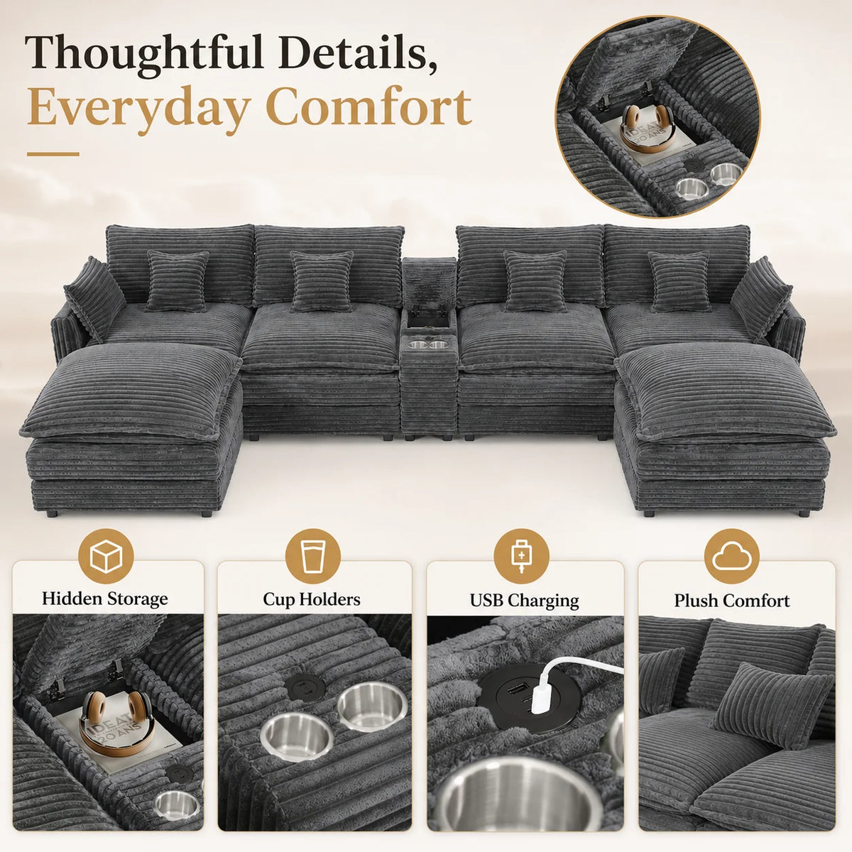 European Corduroy Modular Sofa Sectional With Console And Table