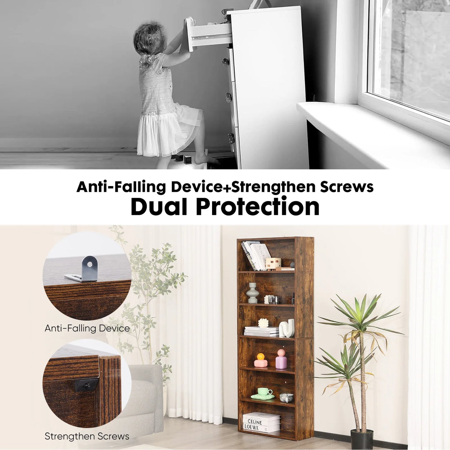 JHK Sturdy Wooden Shelf Bookcase For Living Room And Home Office