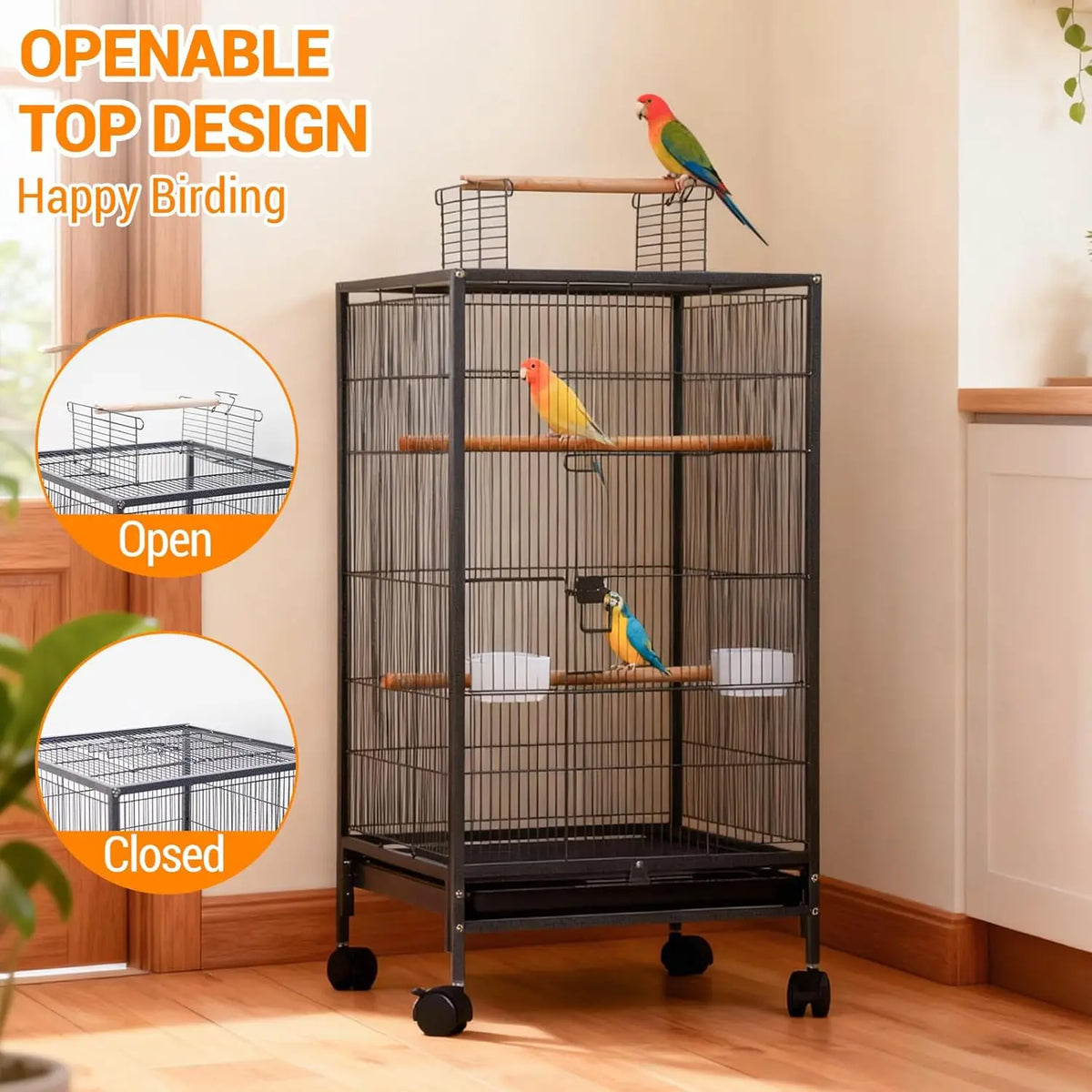 HiMISS Open Top Budgie Cage With Rolling Stand Tray
