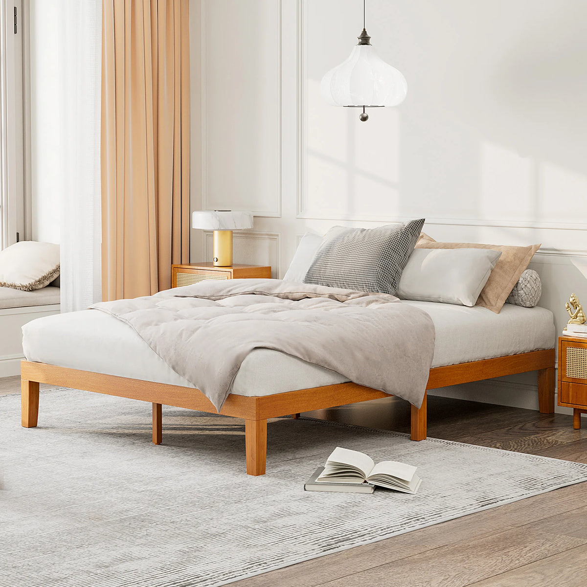 JHK Solid Wood Bed Frame With Sturdy Slats Easy Assembly