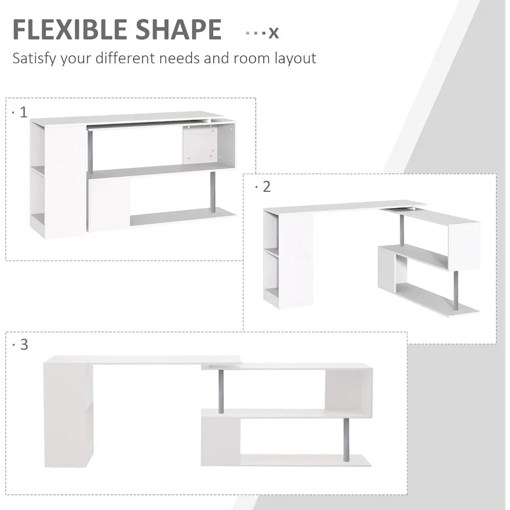 Rotating Corner Computer Desk With Three Tier Bookshelf Storage