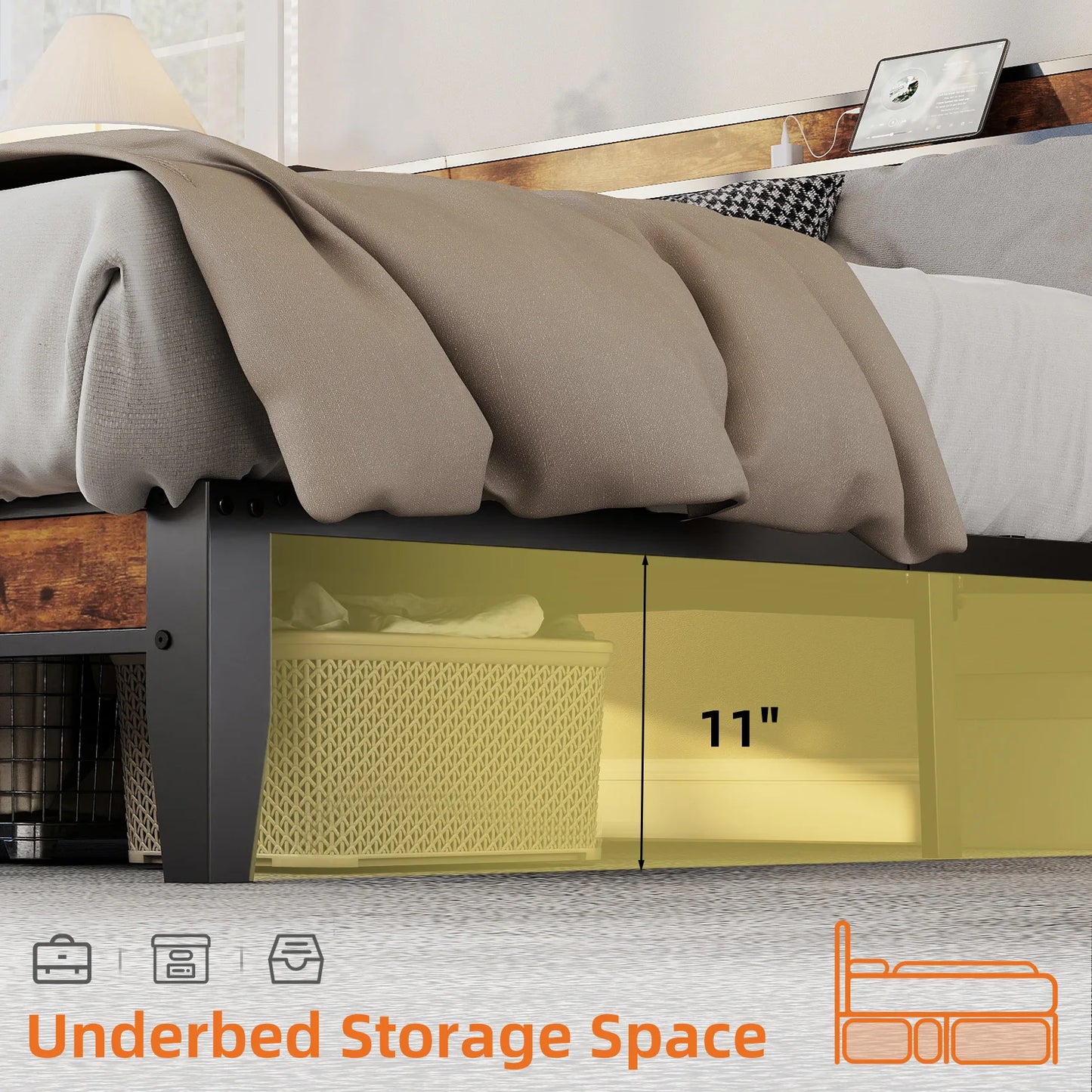 MCQ Metal Bed Frame With Storage Headboard And USB Charging