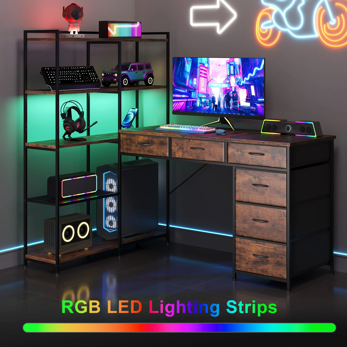 SUNVASAGOO L Shaped Gaming Desk With Power Outlets And Storage