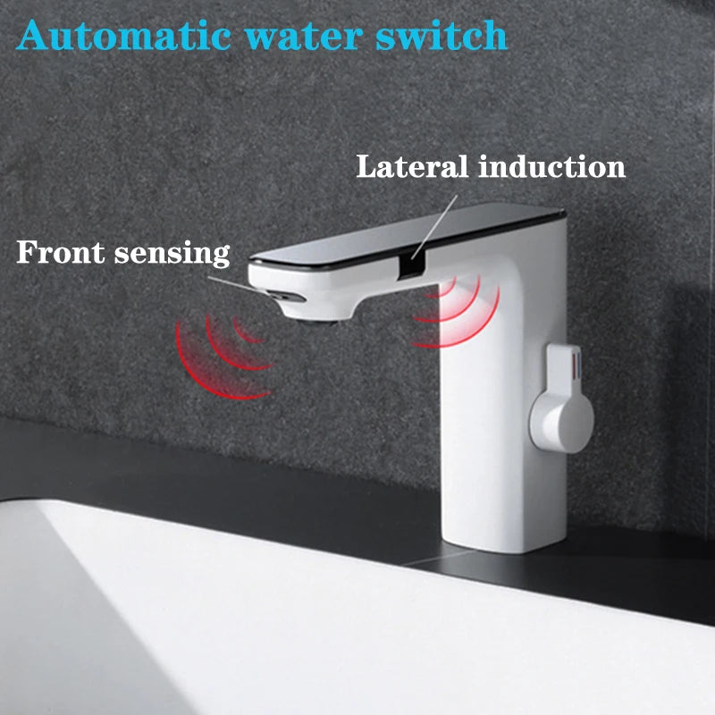 White Touchless Sensor Basin Faucet Smart Digital Display Bathroom Sink Faucet Grey Sense Hot Cold Water Mixer Tap Battery Power