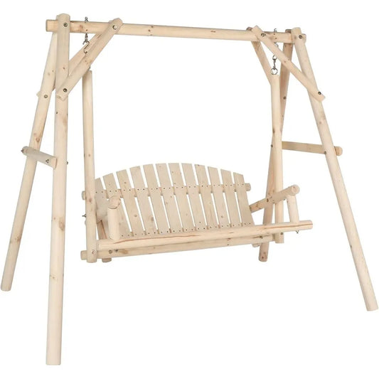 Wood Log Swing Set With Bench Loveseat For Outdoor Use