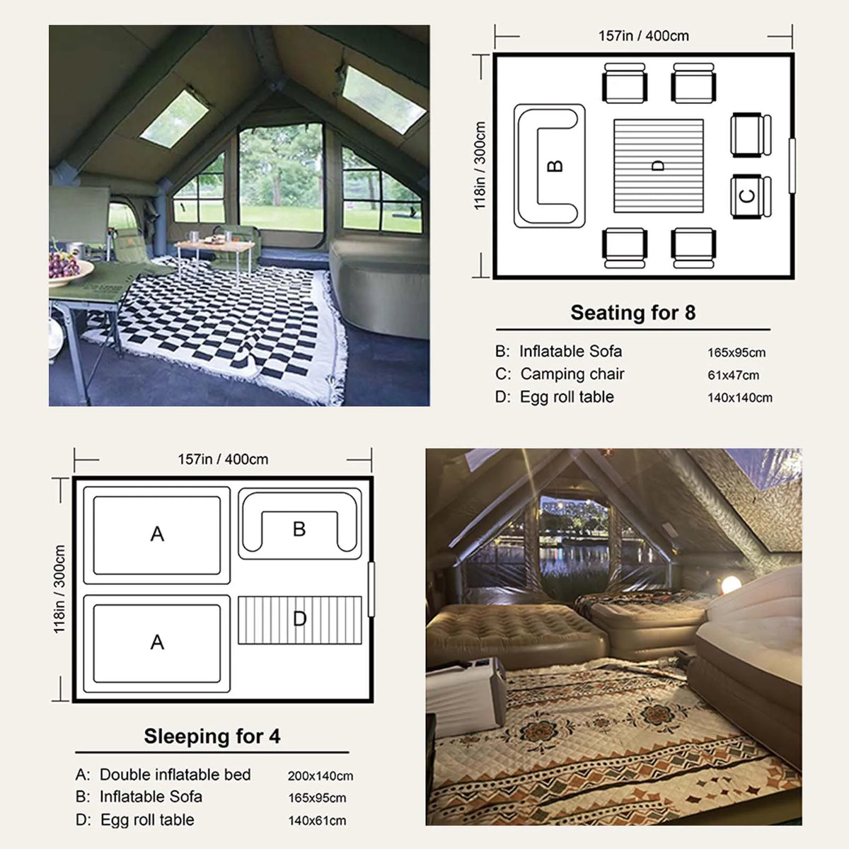 SENLEETO Inflatable Glamping Tent With Waterproof Mat And Stove Jack