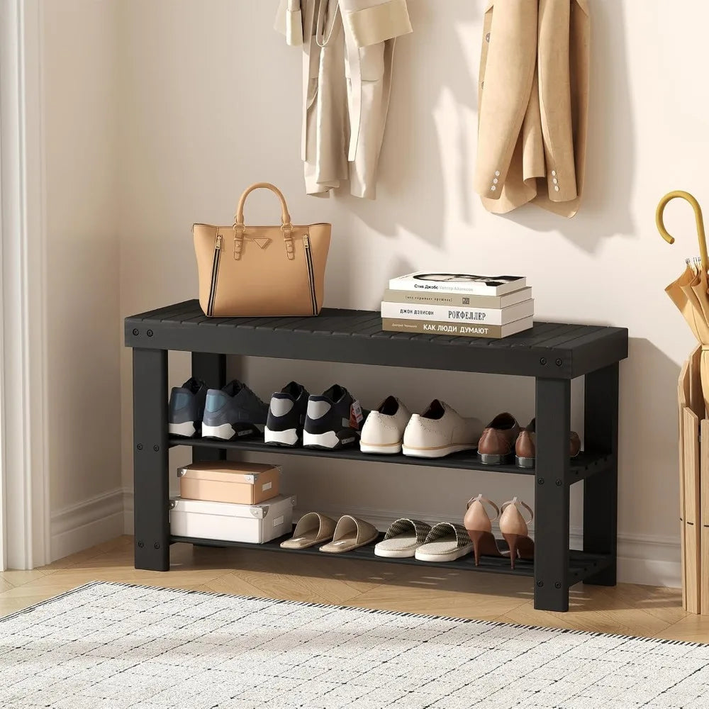 NBVCX Three Tier Bamboo Shoe Rack Bench Entryway Organizer