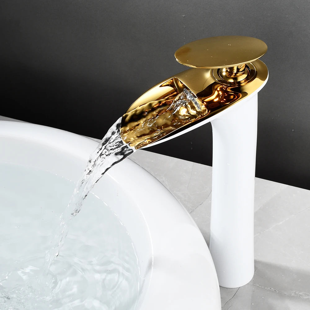 White Bathroom Basin Faucet Waterfall Lever Single Hole Mixer Tap