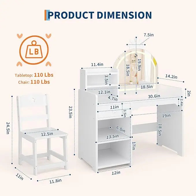HiMISS Kids Vanity Makeup Table With Lights And Chair Set