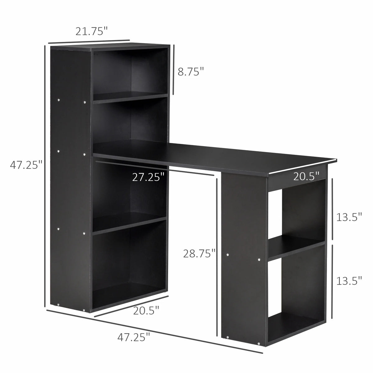 HOMCOM Modern Home Office Desk with 6-Tier Storage Shelves, 47" Writing Desk with Bookshelf, Black