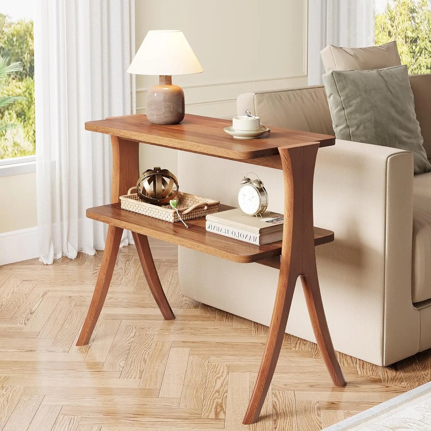 Little Tree Farmhouse Side Table With Two Tier Storage Shelf