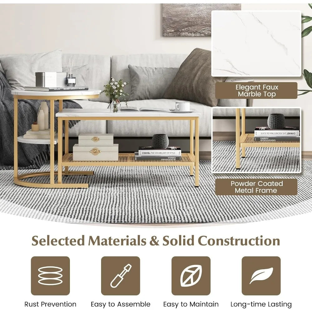 Modern Nesting Coffee Tables With Faux Marble And Metal Frames