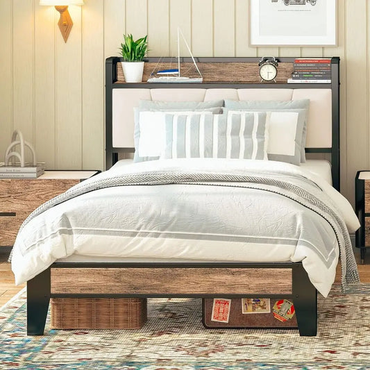 LIKIMIO Twin Bed Frame with Storage Headboard and USB Charging