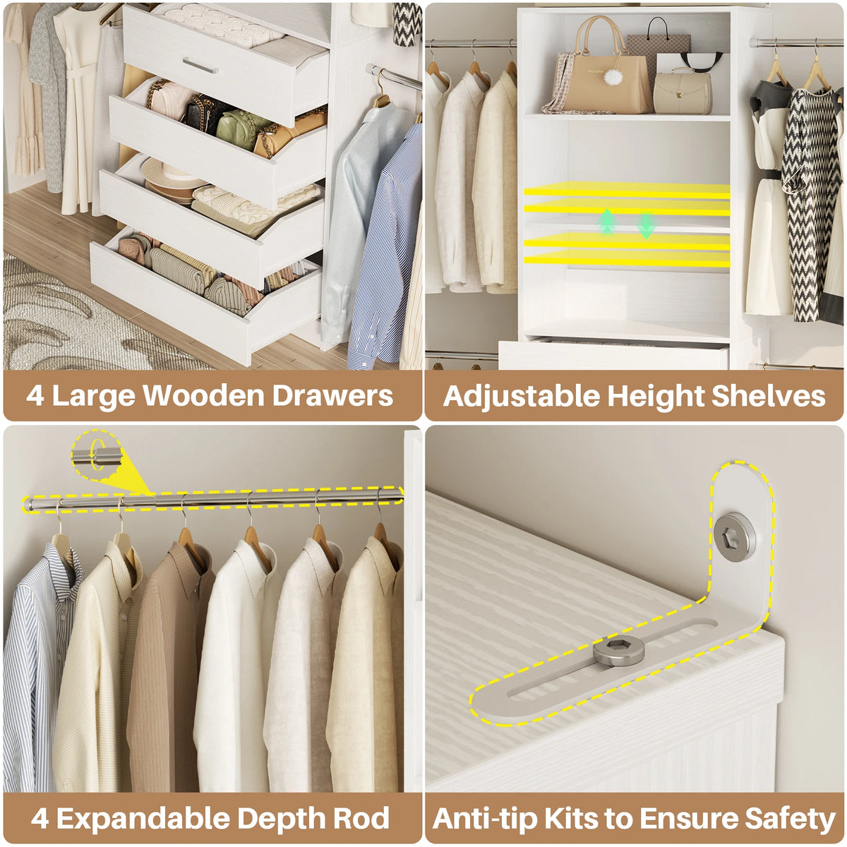 Aheaplus Wooden Closet Organizer With Four Drawers And Hanging Rods