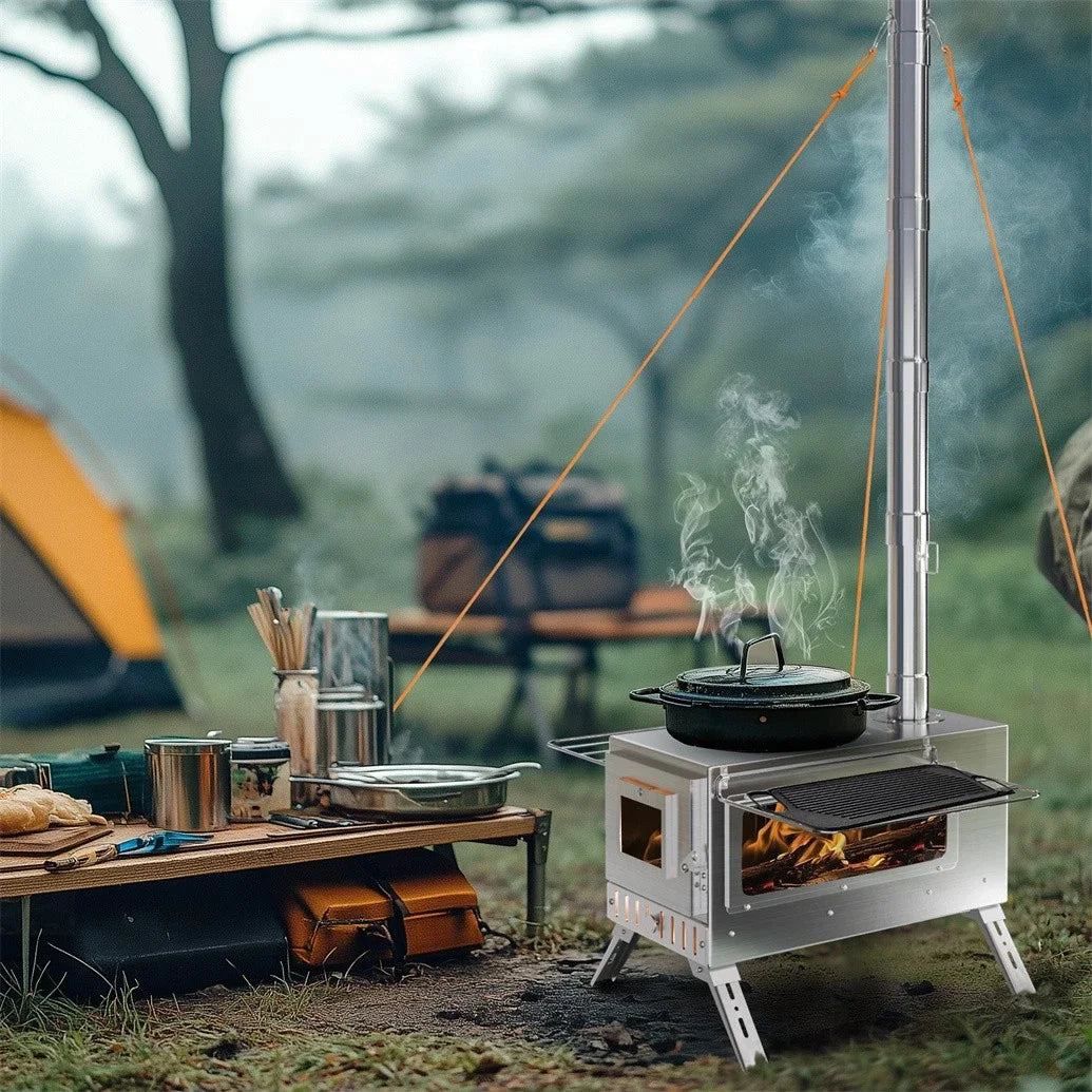 Wood Burning Portable Tent Stove With Six Stainless Chimney Pipes