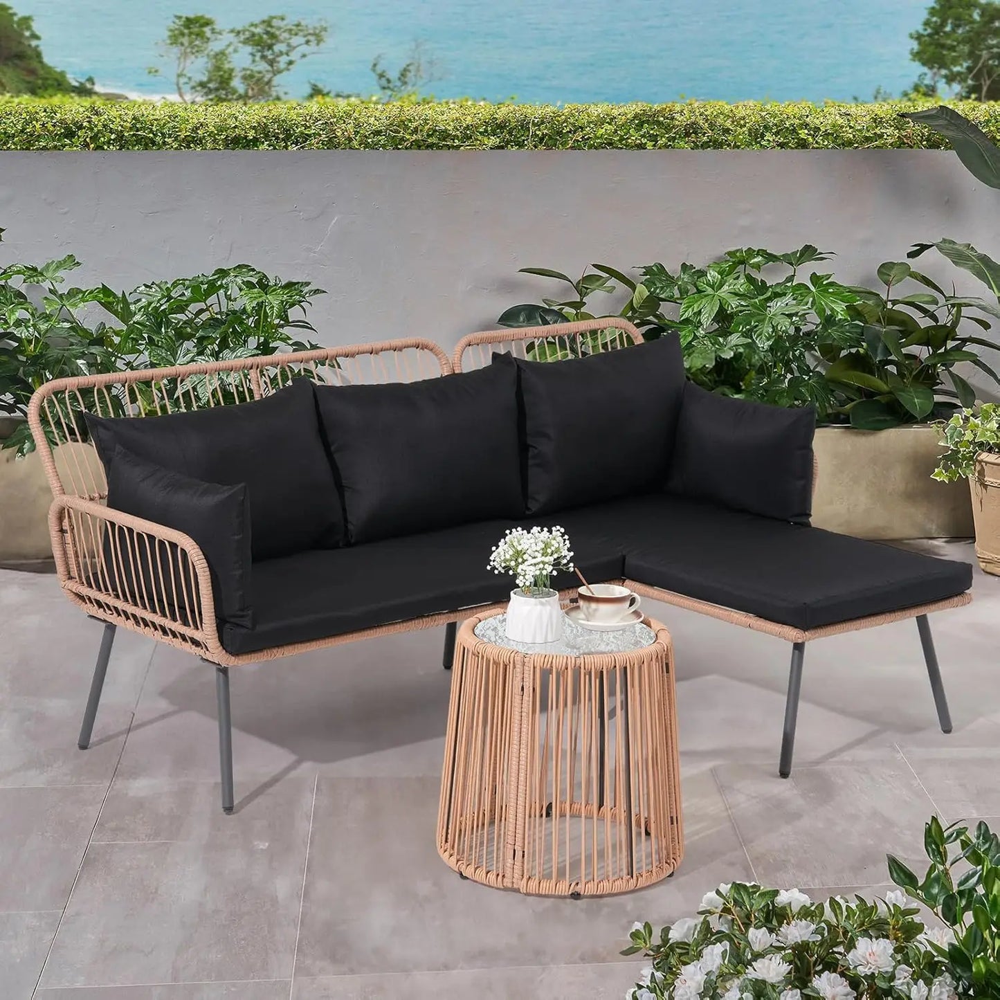 L Shaped Wicker Patio Sofa Set Conversation Couch With Cushions