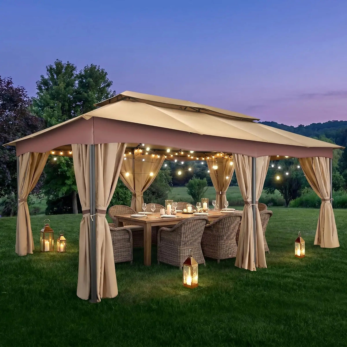 Tooluck Outdoor Gazebo With Curtains And Vented Double Roof Canopy