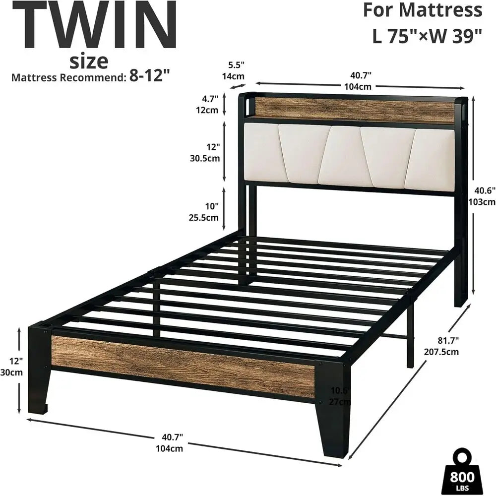 LIKIMIO Twin Bed Frame with Storage Headboard and USB Charging