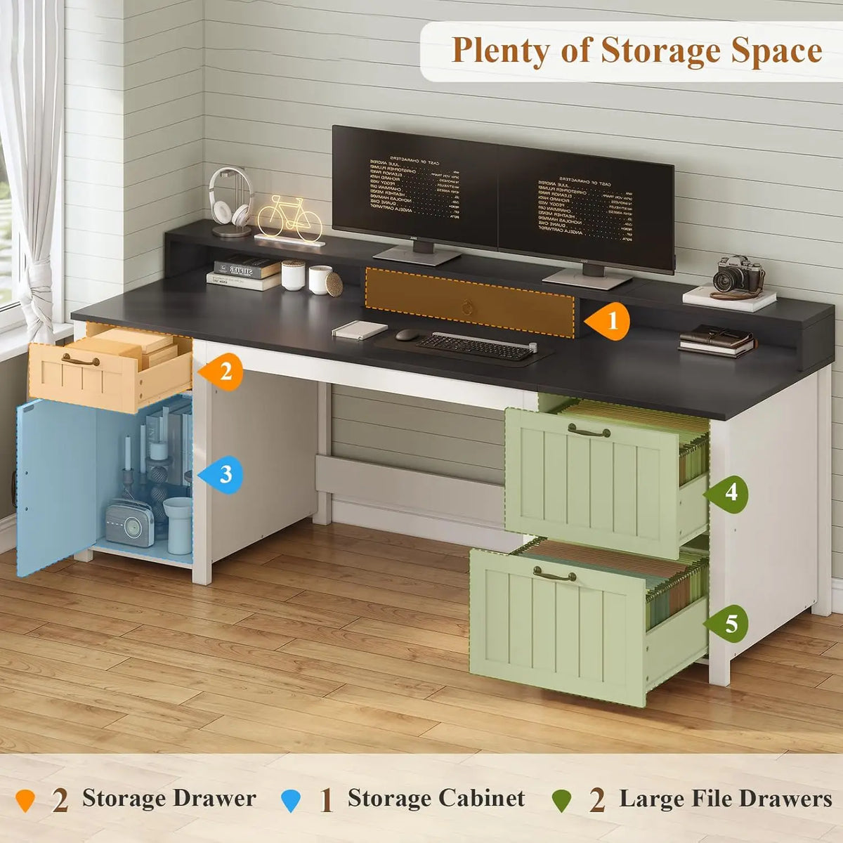 Farmhouse Office Desk With File Drawers And Monitor Stand