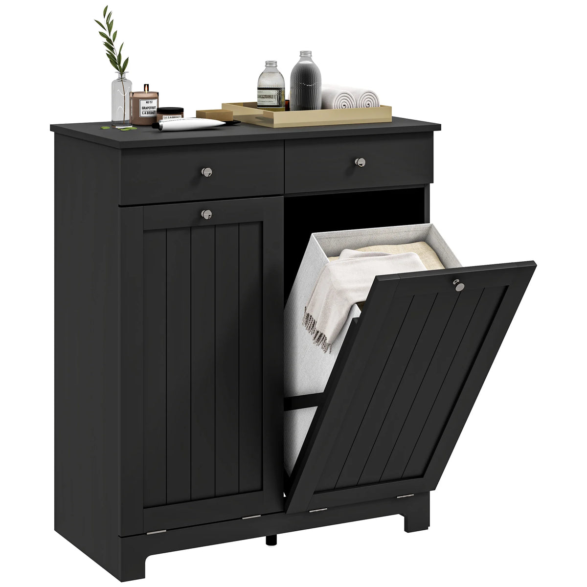HOMCOM Laundry Cabinet with 2 Removable Baskets, Tilt Out Laundry Hamper with 2 Drawers and 2 Beadboard Doors, Bathroom Hamper Cabinet, Black