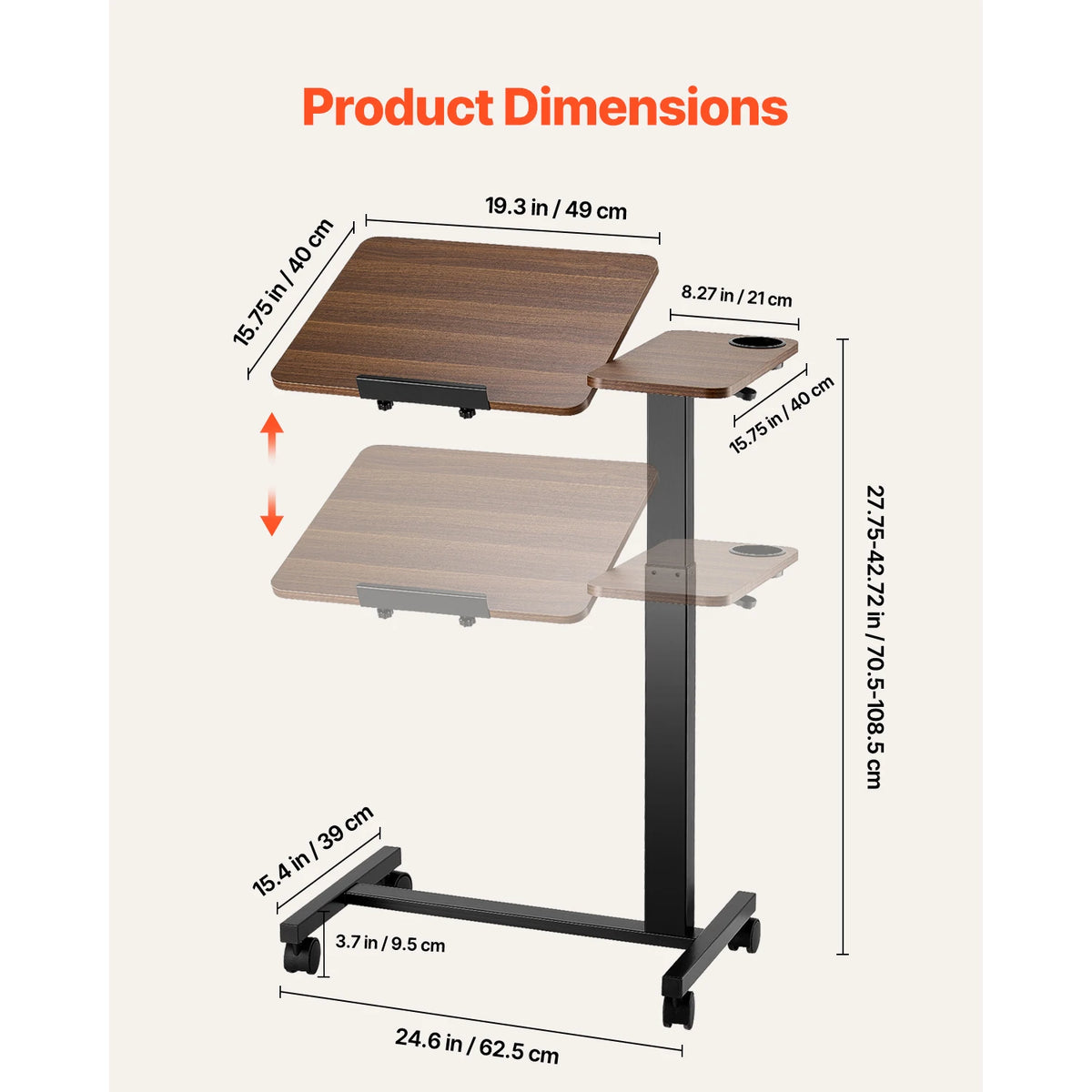 SucceBuy Adjustable Height Overbed Table With Mobile Swivel Casters