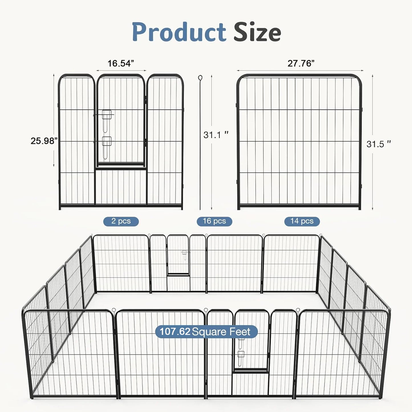 JHK 16 Panel Dog Playpen Metal Fence Foldable Outdoor Pen