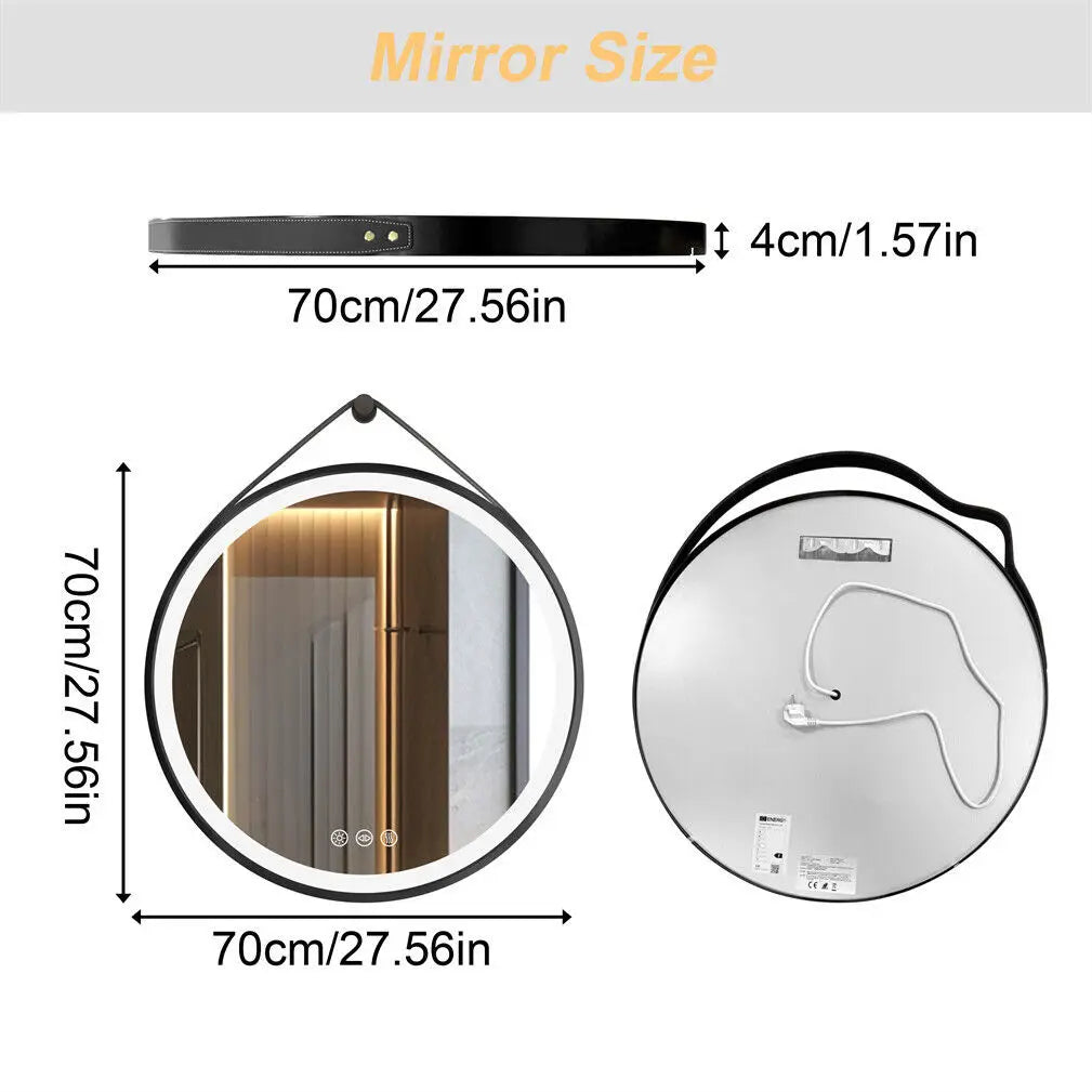 BORWART Round LED Bathroom Mirror Anti Fog Dimmable Leather Strap